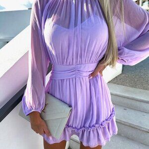 Women's Solid Color Chiffon Waisted Drawstring Sweet Slim Slim Dresses